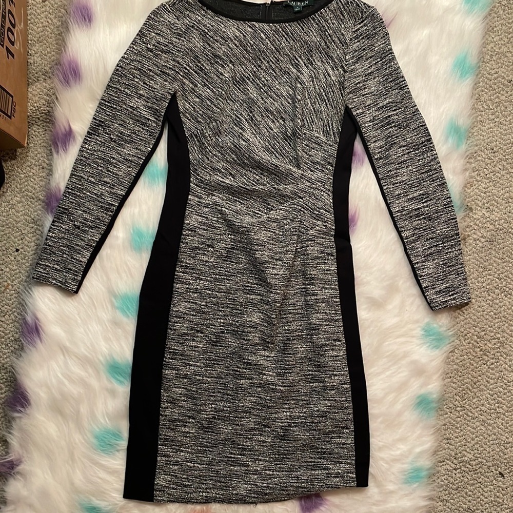 LAUREN Ralph Lauren Gray and Black Long Sleeve Bodycon Midi Dress Size 4